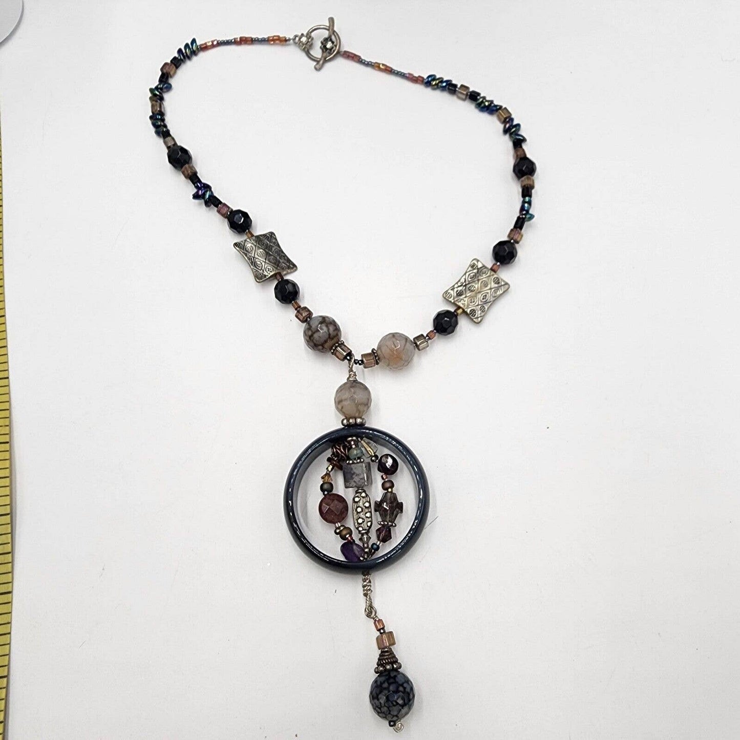 Artisan Handmade Gemstone Beaded 18" Necklace with Colorful Glass Circle Pendant