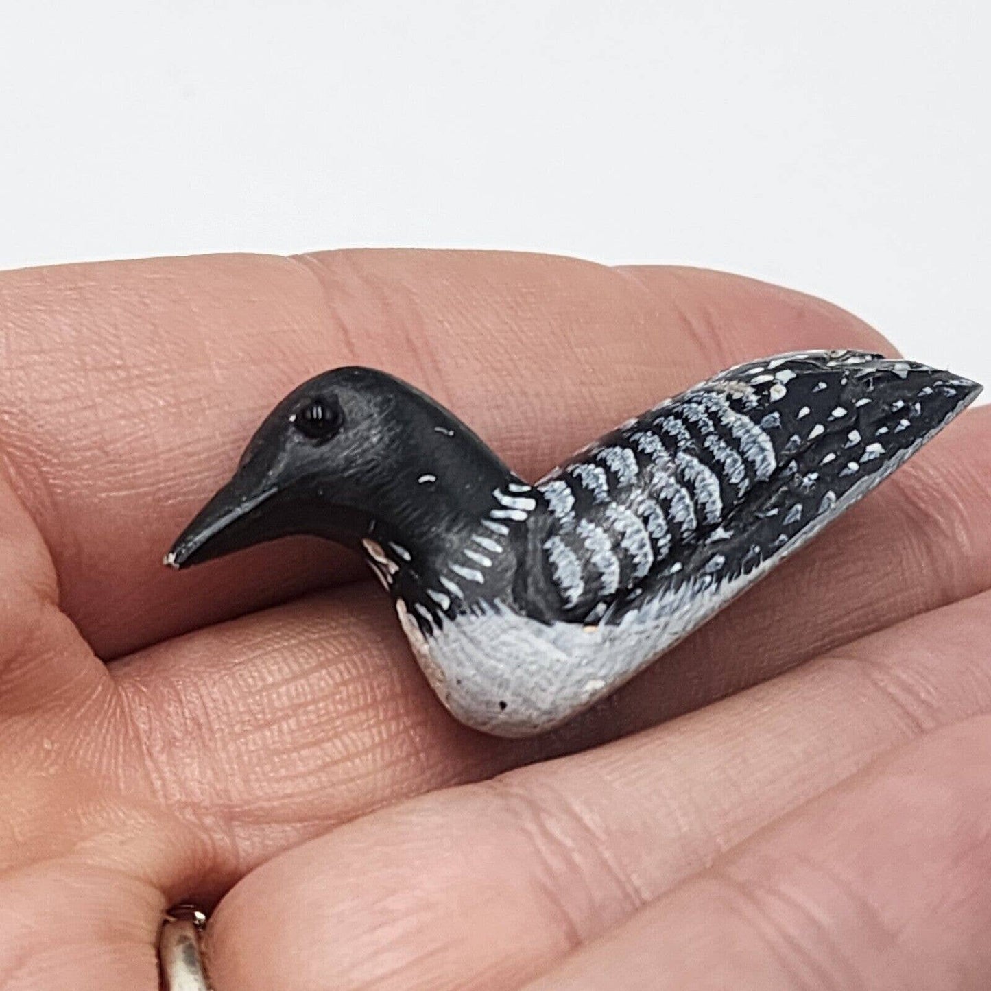 Vintage Wood Carved Loon Pin Brooch Hand Painted Black White Lake Bird