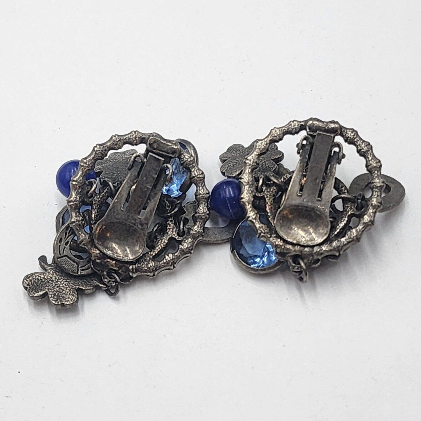 Vintage Earrings Clip On Arthur Pepper Blue Lucky Charm Dangle Silver Tone Metal