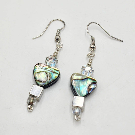 Vintage Blue Abalone Heart Dangle Artisan Earrings Ab Crystal Rhinestone Hook