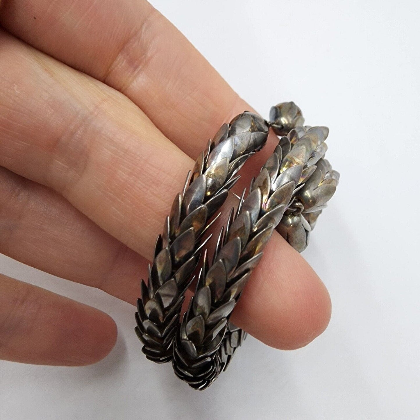 Vintage Dragon Scale Mesh Wrap Bracelet Silver Tone Metal Adjust Coil