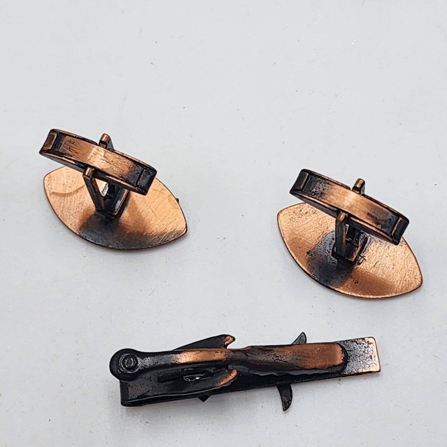 Vintage Modernist Copper Cufflinks Abstract Shadowning Tie Bar Set