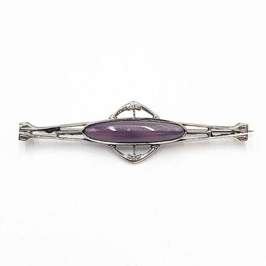 Vintage Art Deco Purple Navette Moonglow Silver Tone Bar Brooch C Clasp