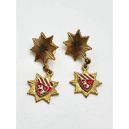 Vintage Red White Enamel Heraldic Family Crest Dangle Gold Tone Lion Earrings