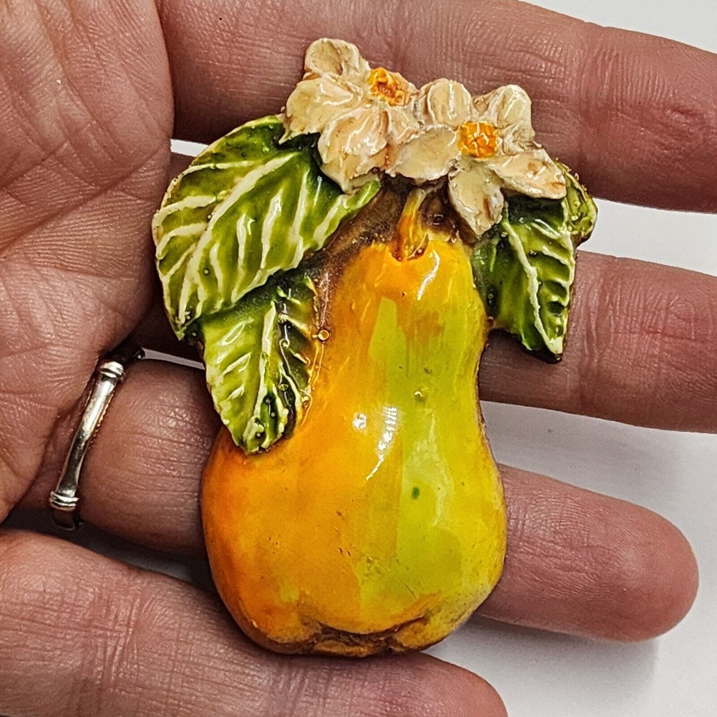 Vintage Signed West Germany Pear Floral Fruit Carved Hand-Painted Resin Brooch