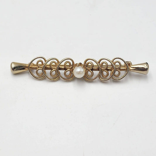 Vintage Yellow Gold Plated Scrolling Genuine Pearl Bar Pin Brooch Feminine