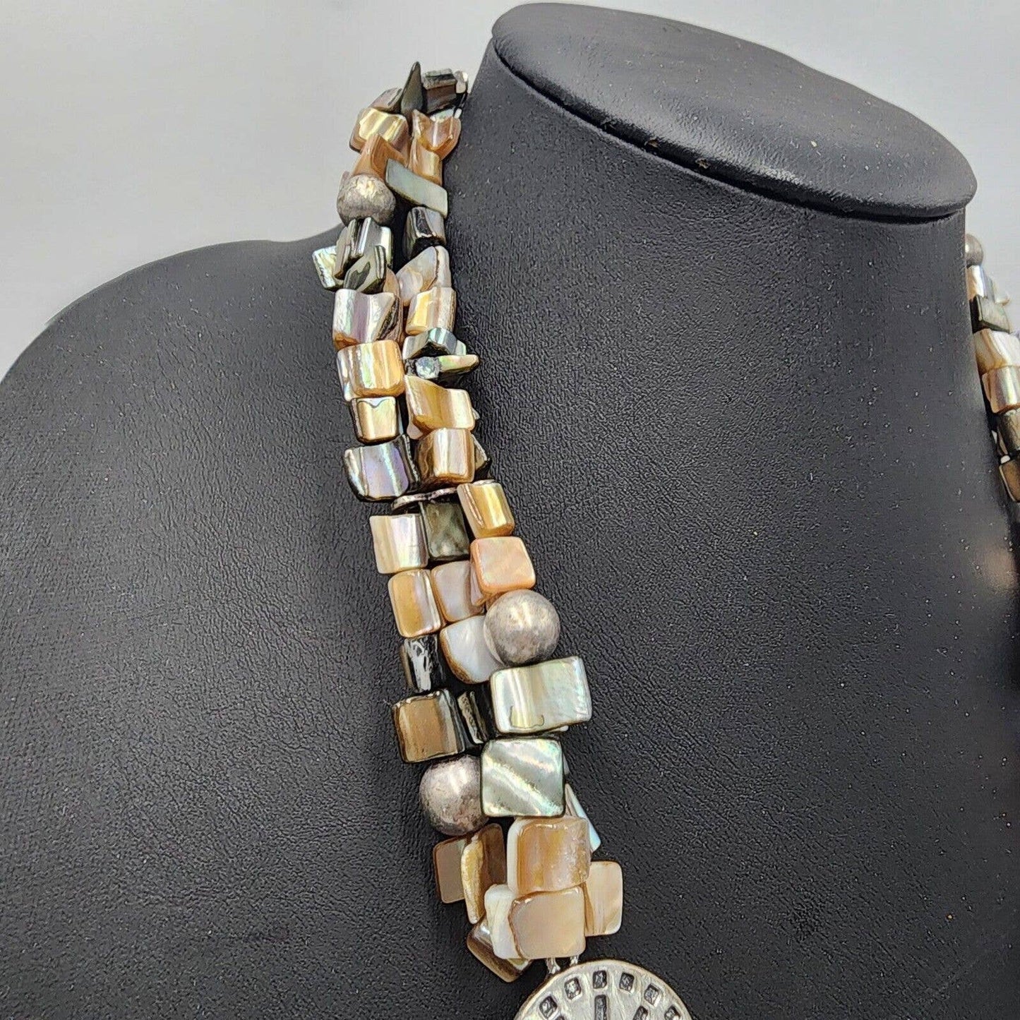 Chicos Abalone Shell Silver Tone Medallion Bib Tribal Statement Necklace 22”