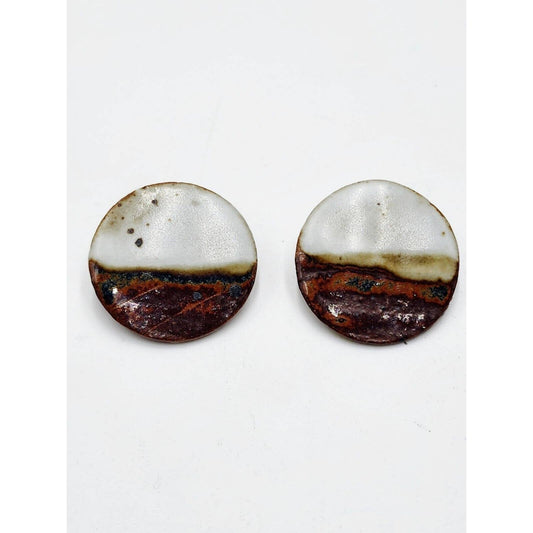 Handmade Rustic Primitive Minimalist Circle Glazed Pottery Natural Earrings Art