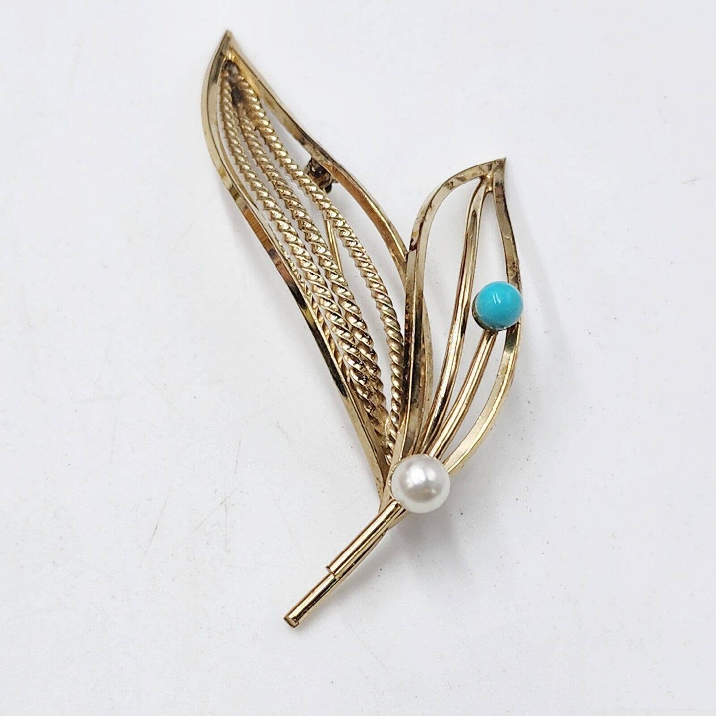 Wells Vintage 1/20 12K GF Turquoise & Pearl Leaves Mid Century Pin Brooch