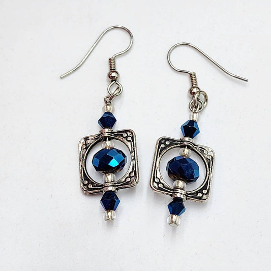 Faceted Cobalt Blue Sparkly Glass Crystal Framed Silver Tone Dangle Hook