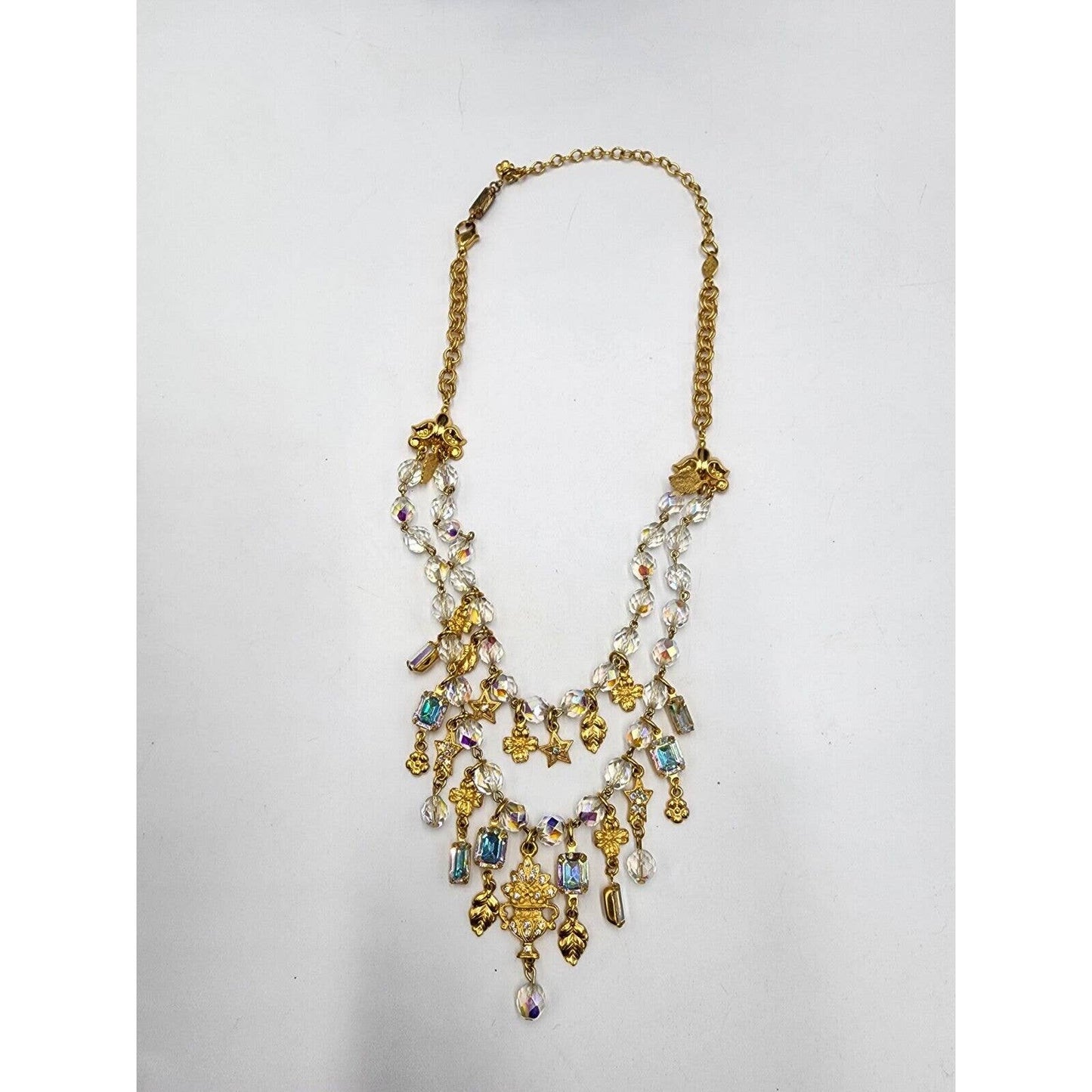 Kirks Folly Layered 2 Row Aurora Borealis Crystal Necklace with Gold tone Stars