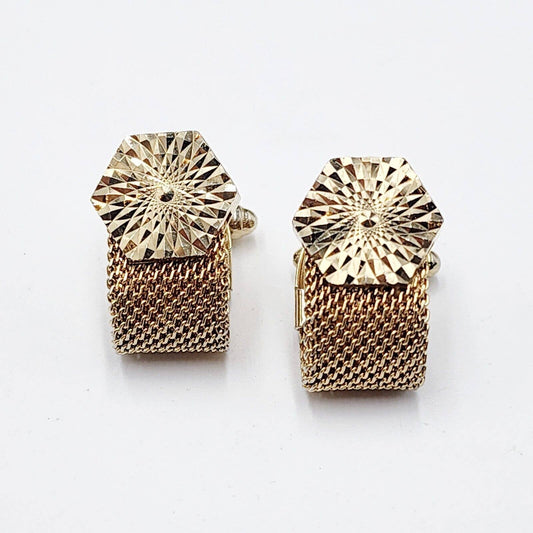 Vintage Anson Geometric Diamond Cut Wraparound Mesh Gold Tone Cuff Links