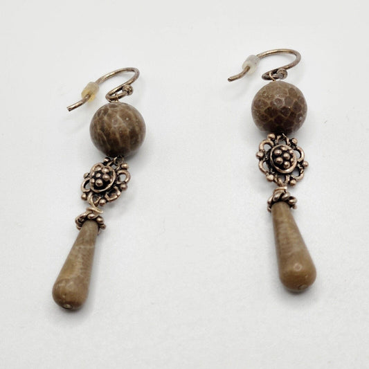 Artisan Sterling Silver Hook Brown Jasper Beads Drop Dangle Earrings Hooks 2"