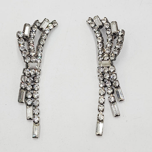 Vtg Baguette Rhinestone Dangle Old Hollywood Chandelier Formal Pierced Earrings