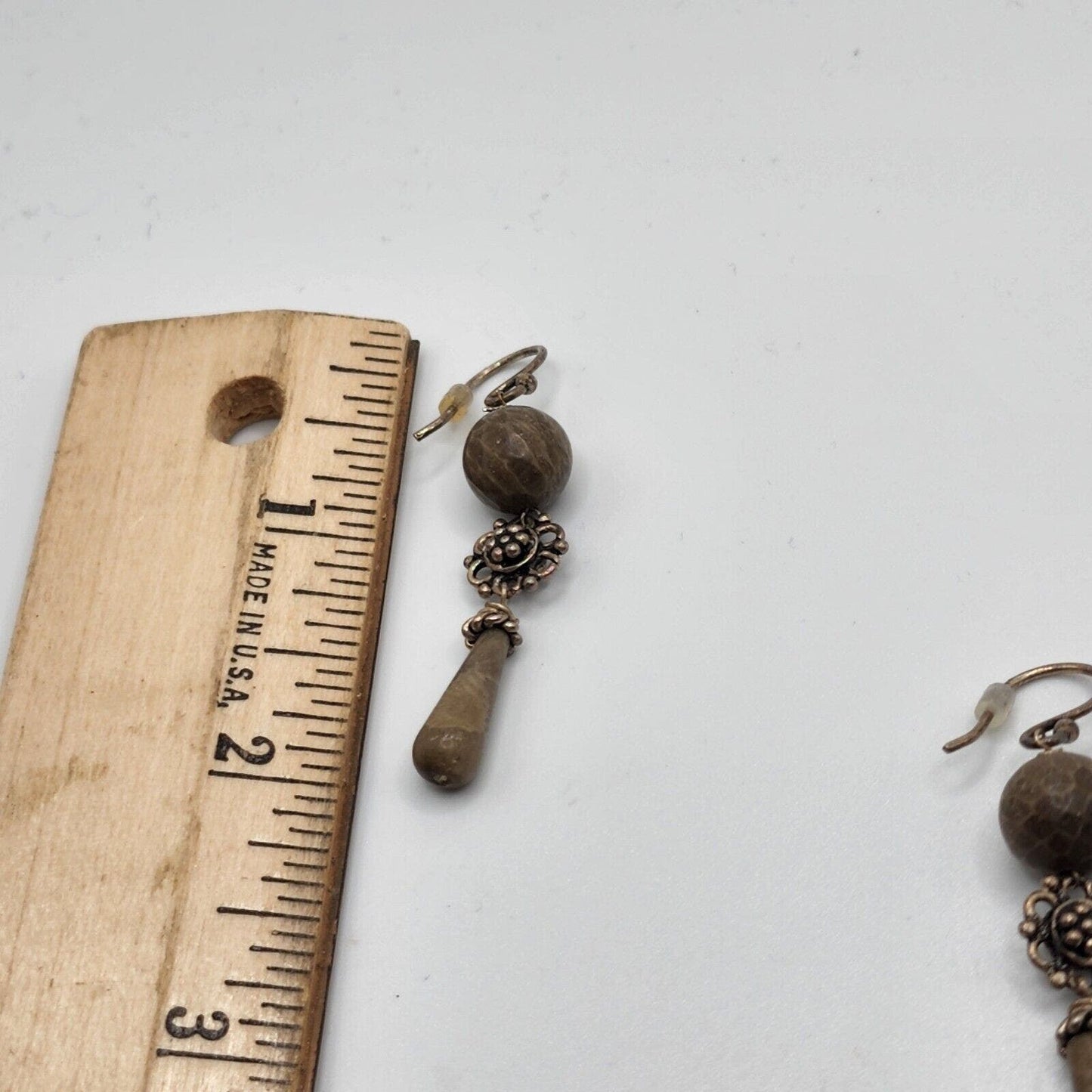 Artisan Sterling Silver Hook Brown Jasper Beads Drop Dangle Earrings Hooks 2"