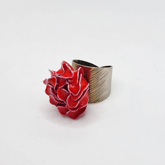 Vintage 60s Enamel Red Flower Cocktail Statement Ring Adjustable Dimensional