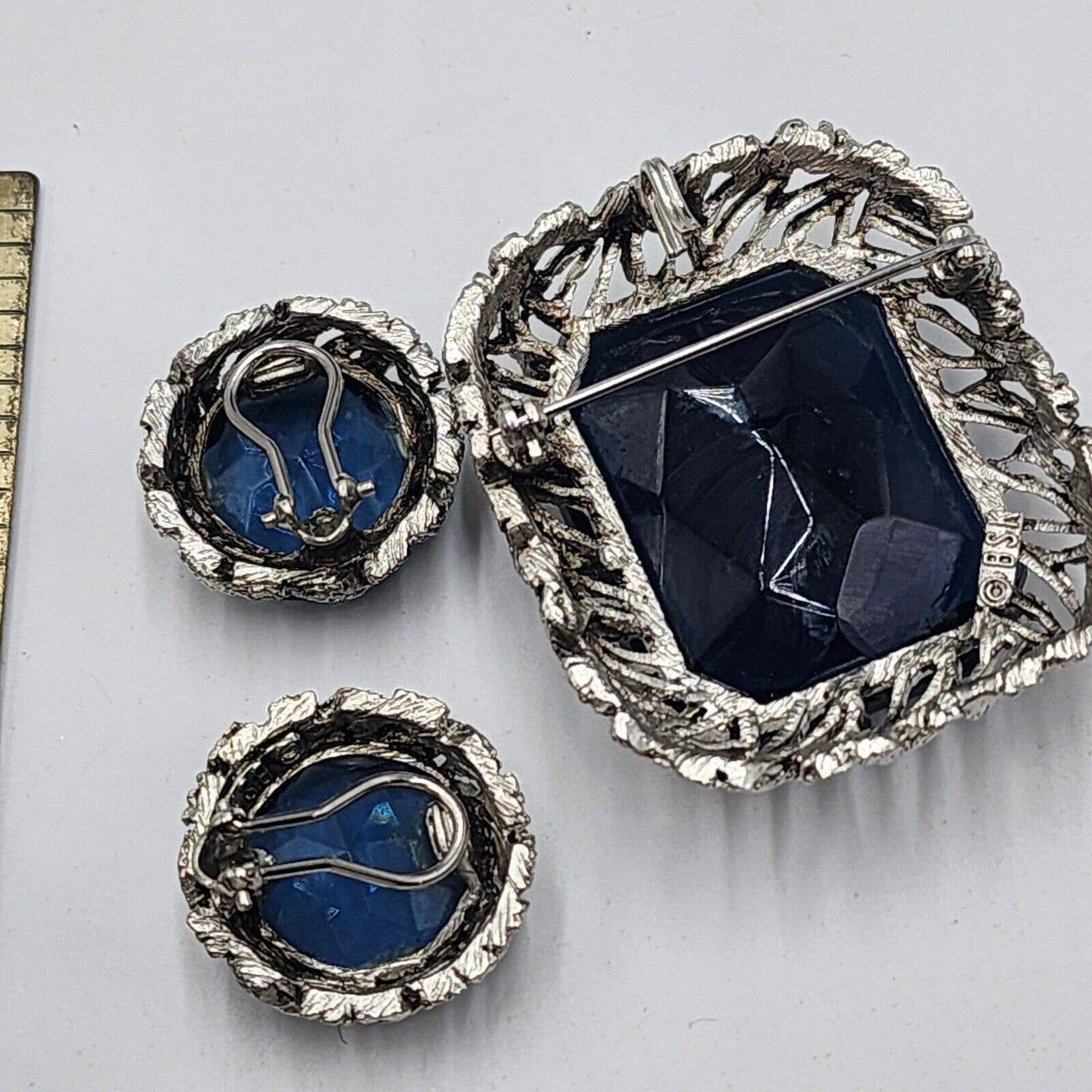 Huge Vintage BSK Brooch & Earrings Demi Parure Bezel Set Blue Stone Silver Tone