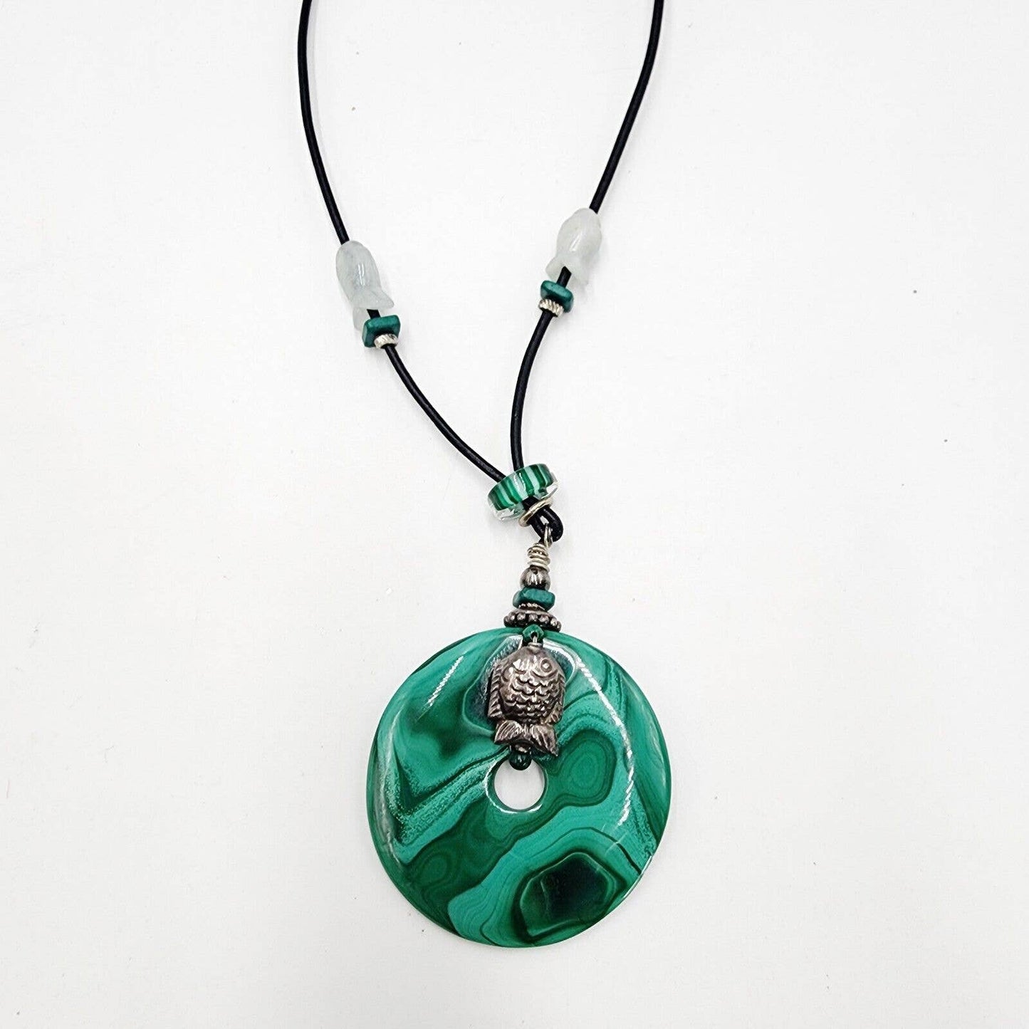 Artisan 925 Sterling Silver Fish Donut Green Malachite Stone Pendant Necklace