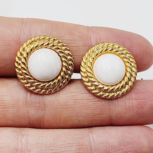 Vintage Napier Gold Tone Textured Rope White Cabochon Round Clip On Earrings