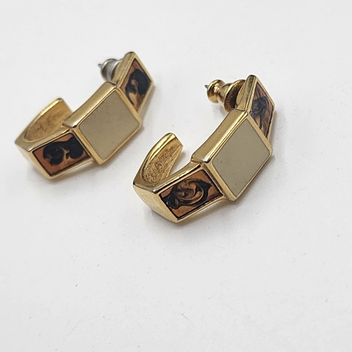 Vintage Monet Gold Tone Cream Enamel Tortoise Geometric Half Hoop Earrings Post