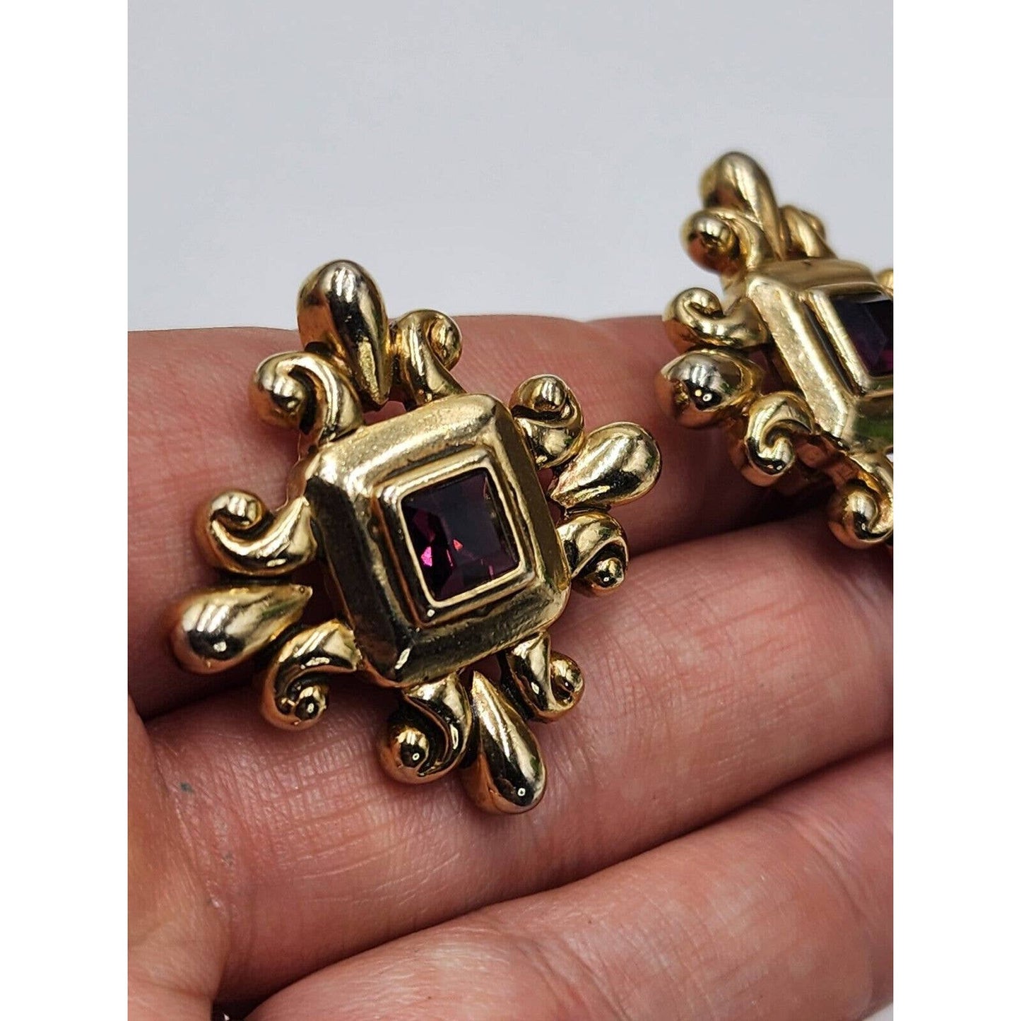 Vintage Clip On Purple Glass Gold Tone Cross Gothic Chunky Regal Royal Statement