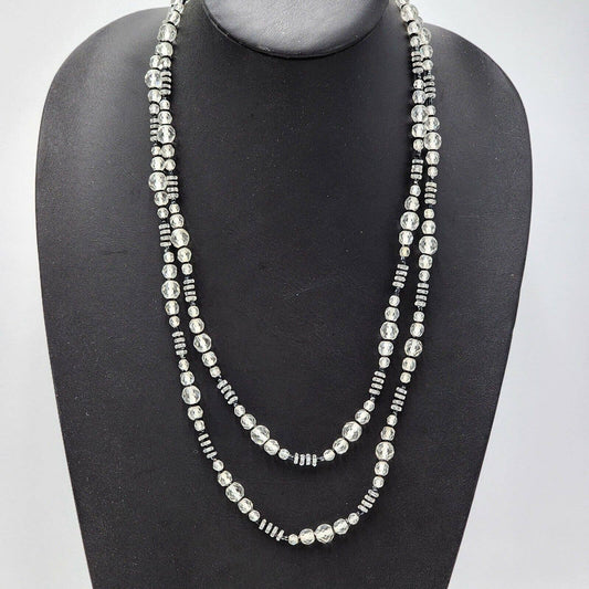 Vintage Set Of 2 Art Deco Czech Glass Black Clear Faceted Bead Strand Necklaces