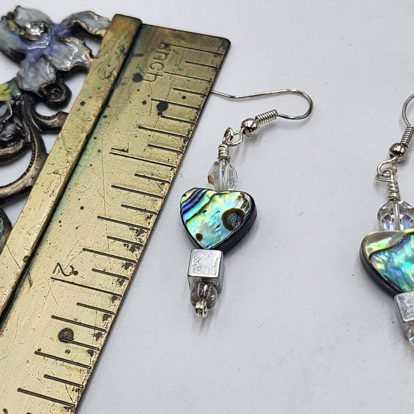 Vintage Blue Abalone Heart Dangle Artisan Earrings Ab Crystal Rhinestone Hook