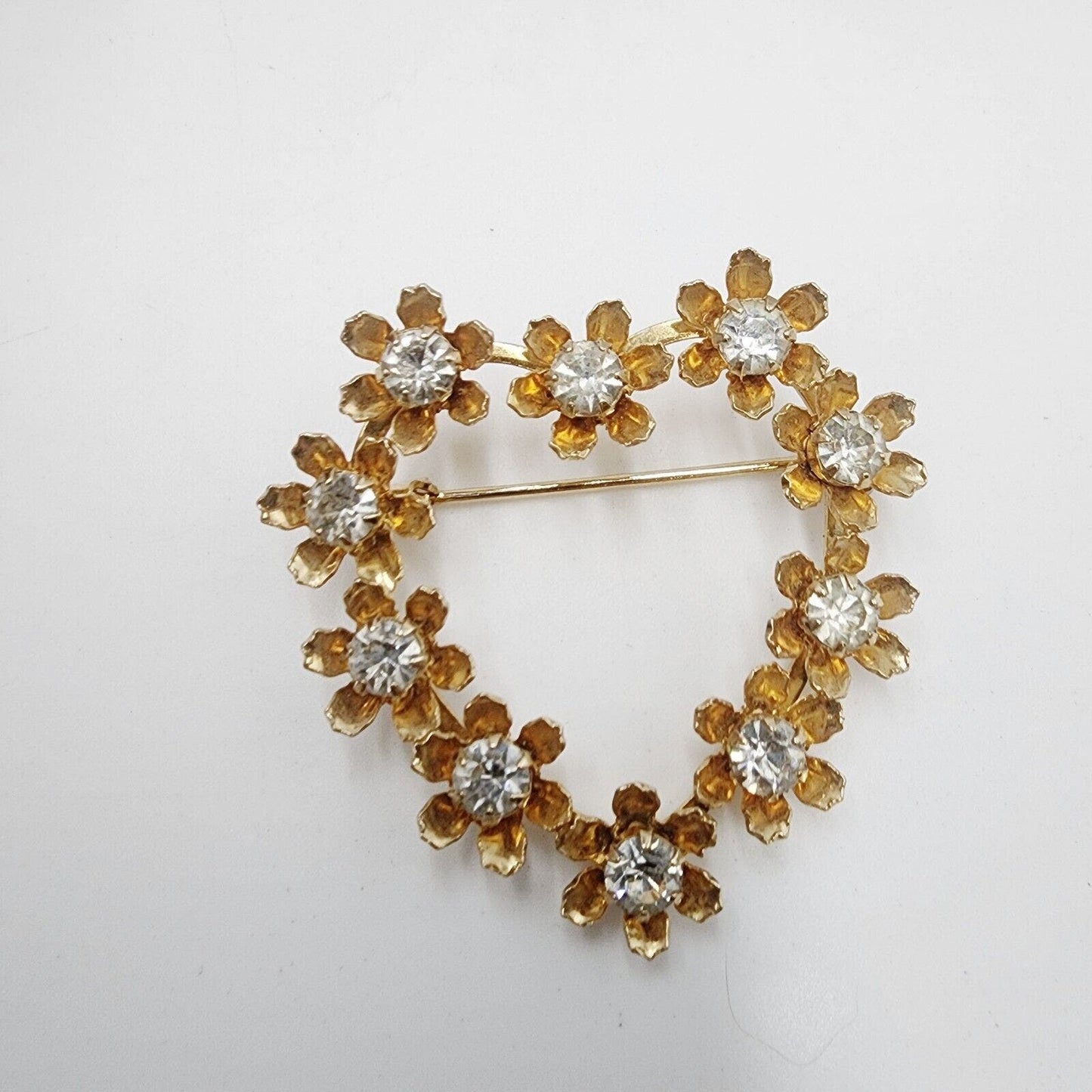 Vintage Prong Rhinestone Flowers Heart Valentine Wreath Brooch Rivet Gold Tone