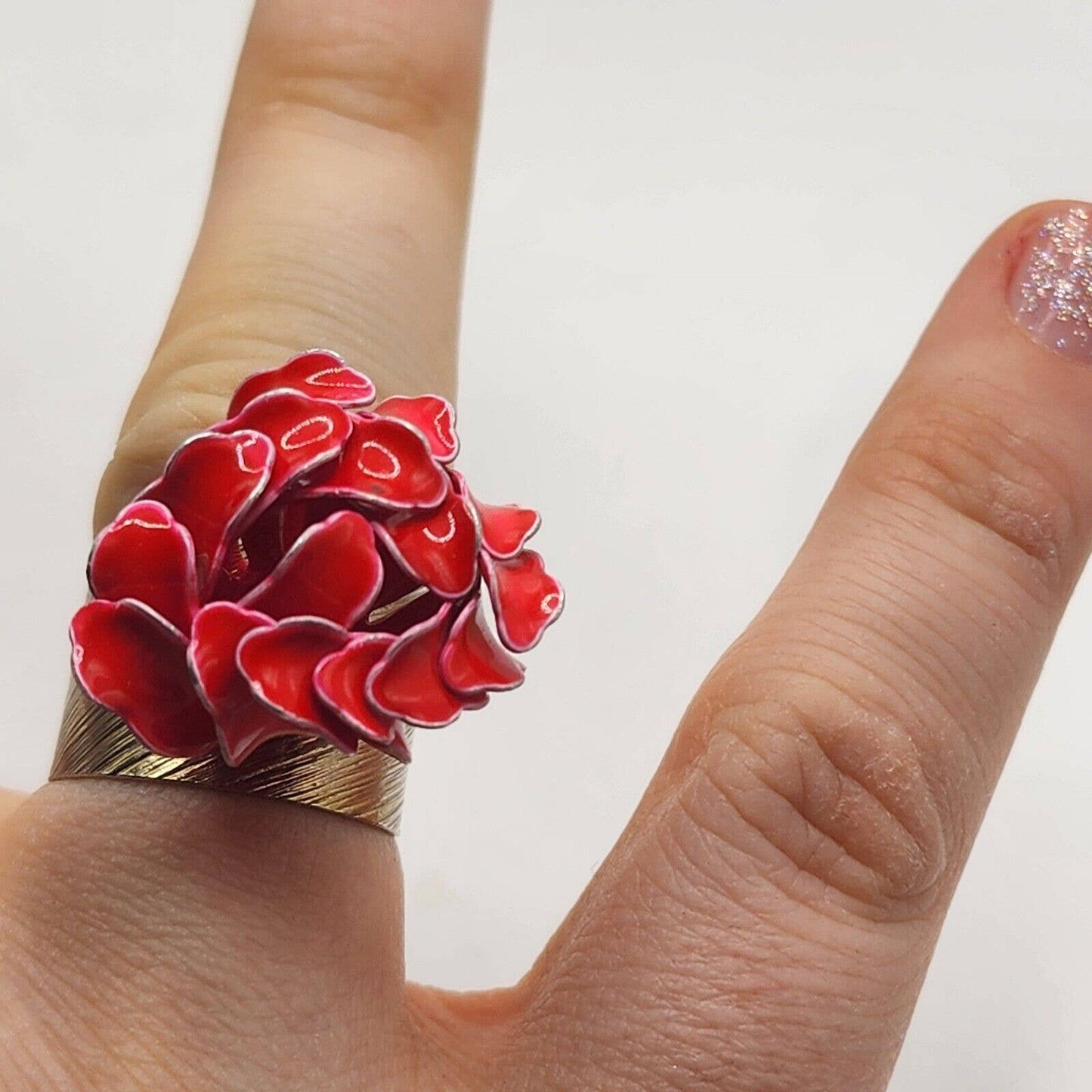 Vintage 60s Enamel Red Flower Cocktail Statement Ring Adjustable Dimensional