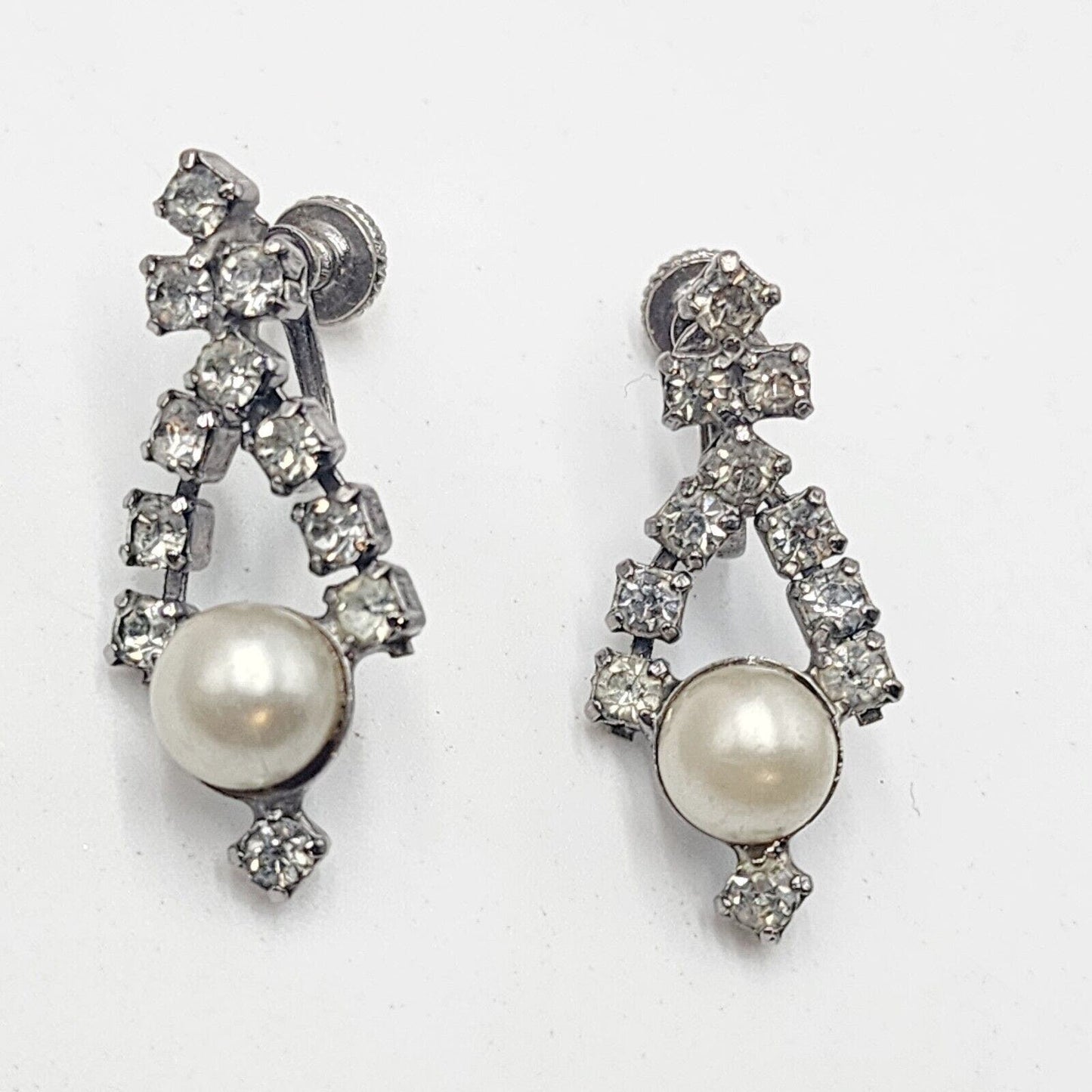 Vintage 1950s Silver Tone Faux Pearl Rhinestone Screw Back Earrings Hollywood