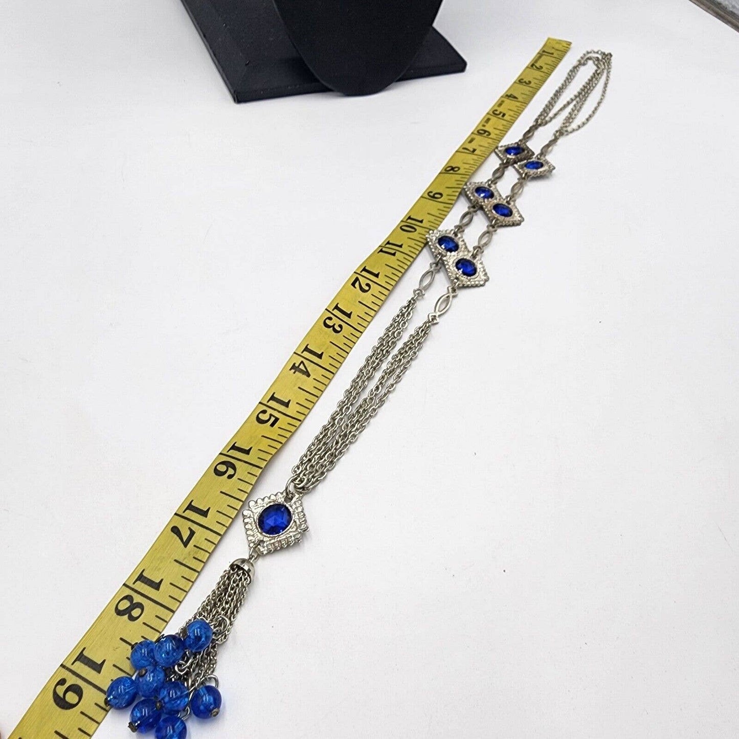 Vintage 1970s Blue Bezel Set Stations Tassel Necklace Hippie 32" Multi Chain