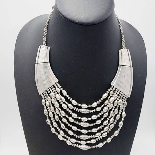 Chicos Necklace Silver Tone Statement Multistrand Bib 18" Adjustable Boho Tribal