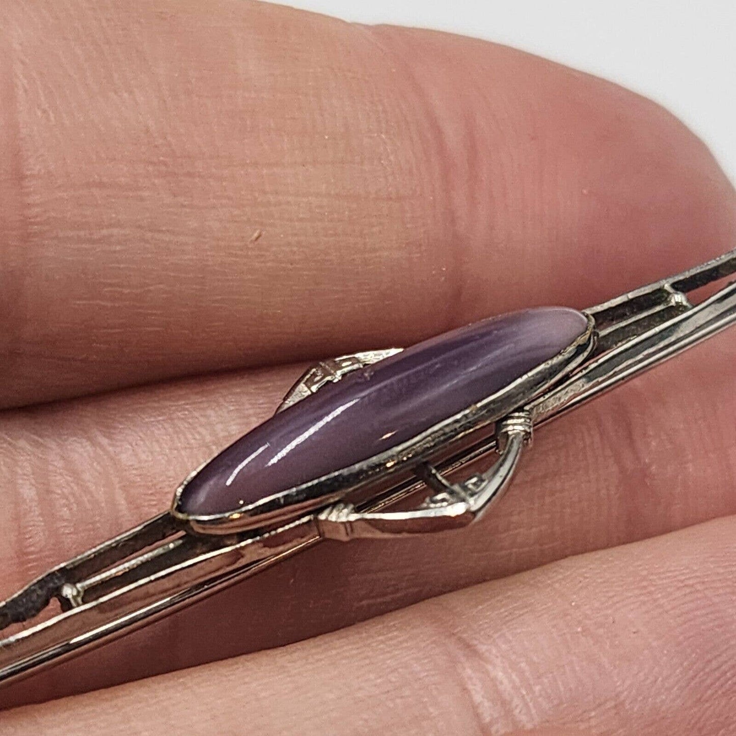 Vintage Art Deco Purple Navette Moonglow Silver Tone Bar Brooch C Clasp