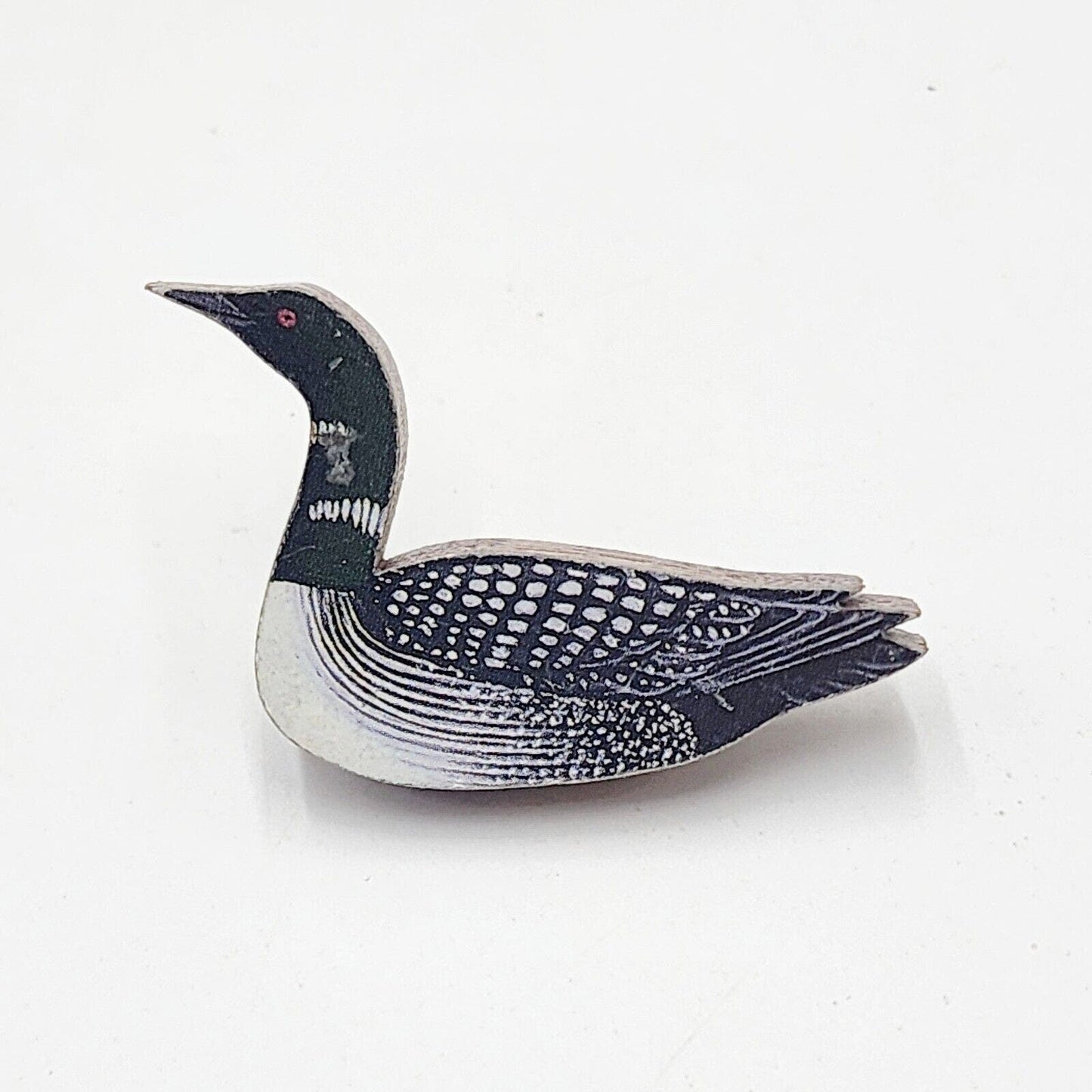 Common Loon Wooden Brooch Bird Black Spotted White Pin Signed