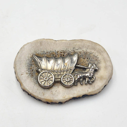 Vintage Antler Slice with Covered Wagon Brooch Pin Souvenirs Rustic Hunting