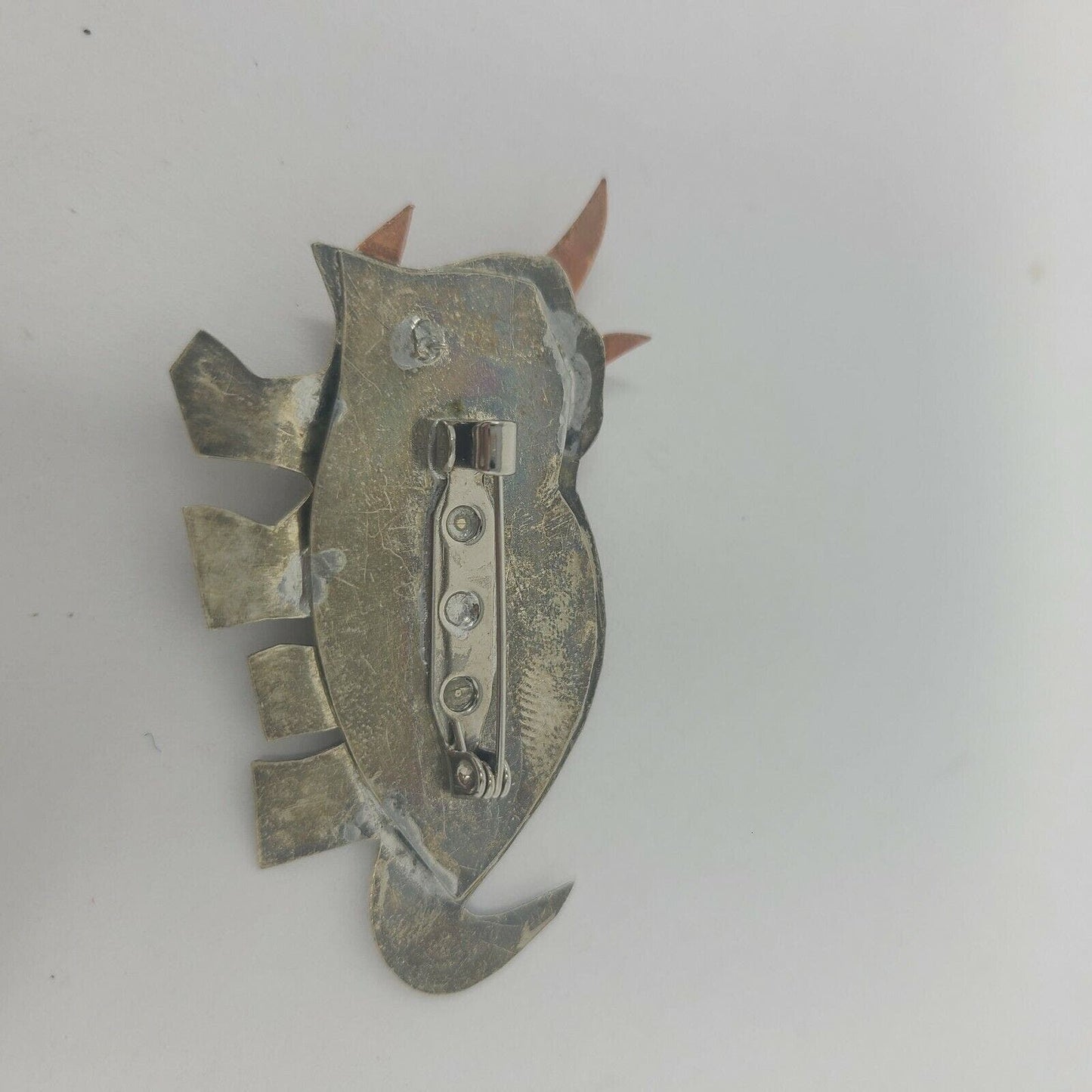 Vintage Artisan Silver Tone Triceratops Dinosaur Pin Brooch Unique Handmade