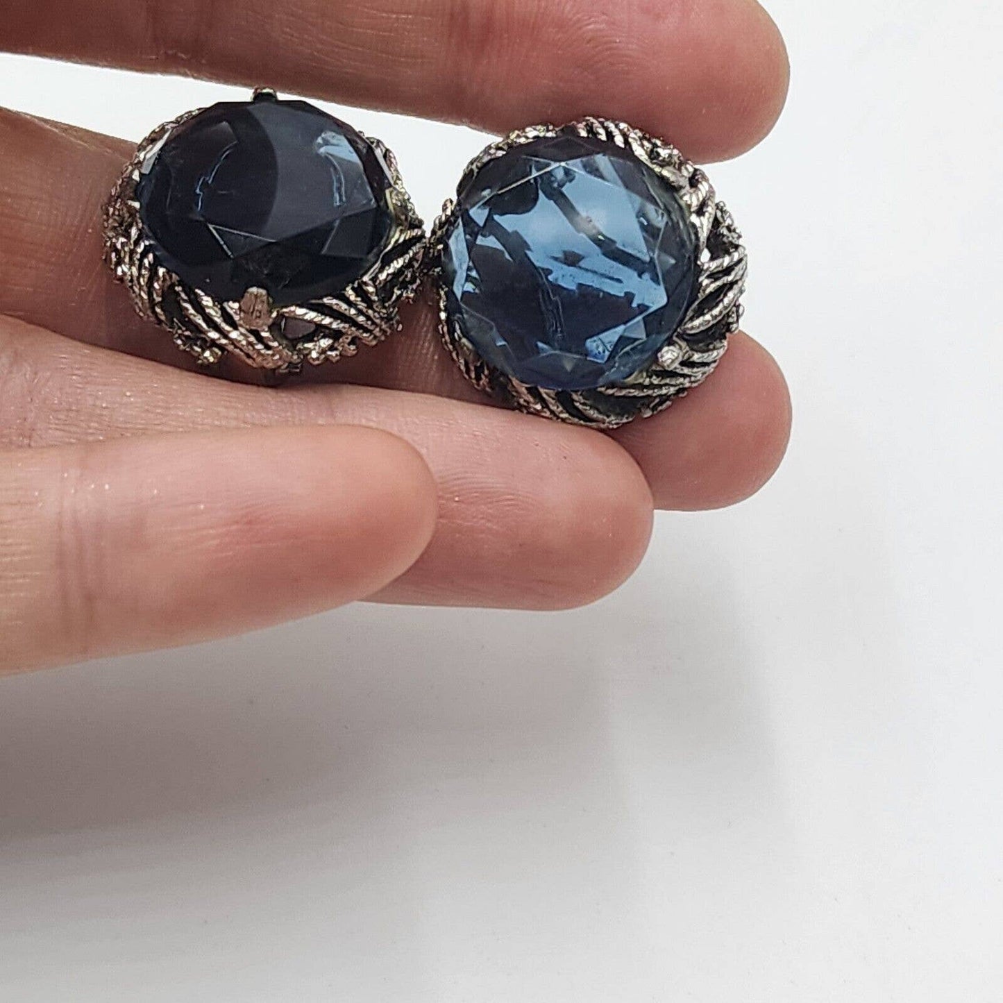 Huge Vintage BSK Brooch & Earrings Demi Parure Bezel Set Blue Stone Silver Tone