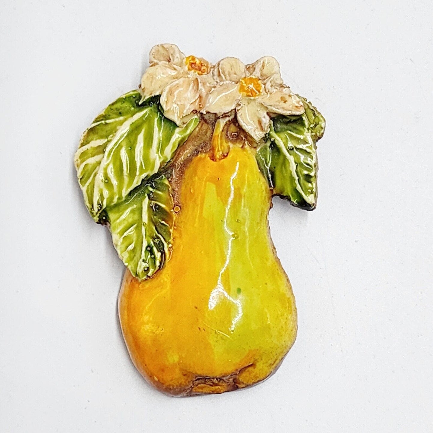 Vintage Signed West Germany Pear Floral Fruit Carved Hand-Painted Resin Brooch