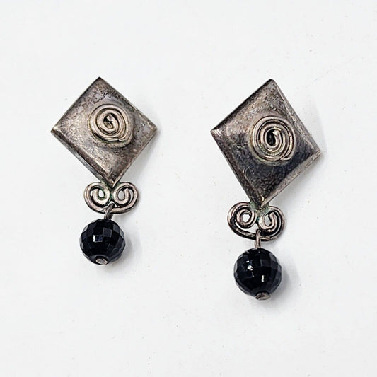 Vintage Modernist Sterling Silver Mexico 925 Onyx Drop Earrings Dangle Pierced