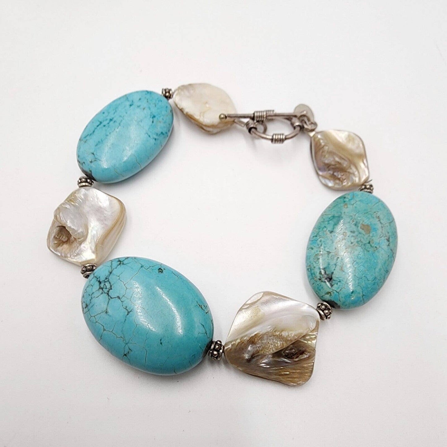 Vintage Donna Dressler Sterling Blue Dyed Howlite Shell Chunk 8.5" Bracelet