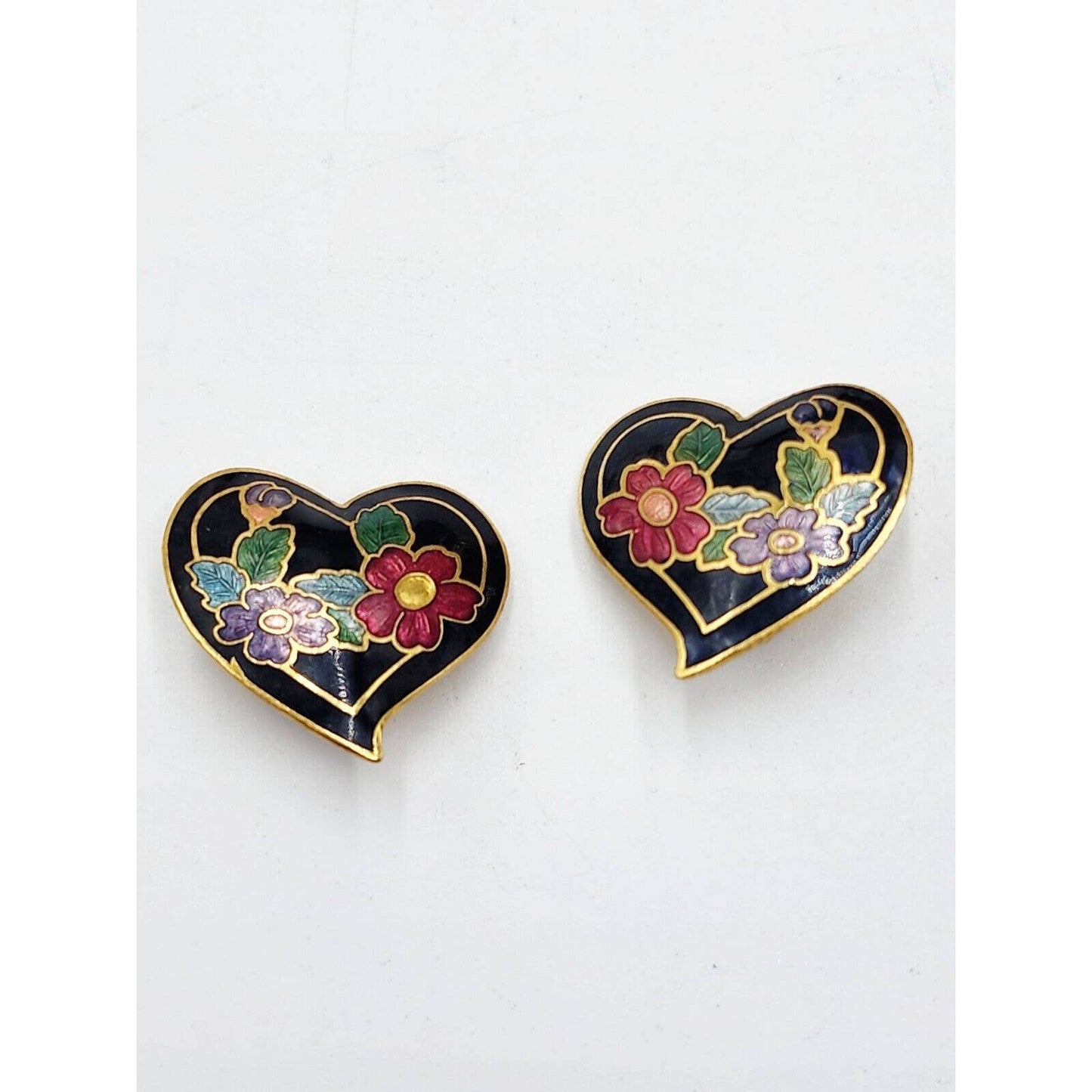 Vintage Cloisonné Enamel Heart With Flowers Large Clip-on Earrings Black