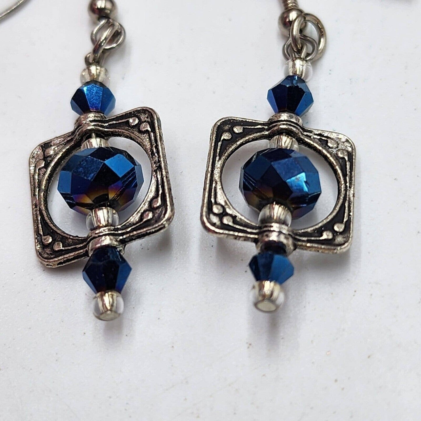 Faceted Cobalt Blue Sparkly Glass Crystal Framed Silver Tone Dangle Hook