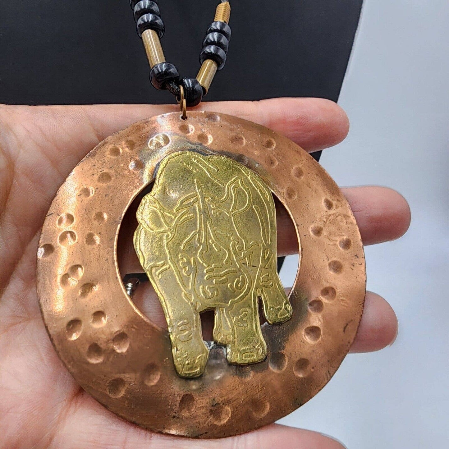 Artisan Made Rhino Rhinoceros Brass Copper Boho Large Pendant Necklace 22"