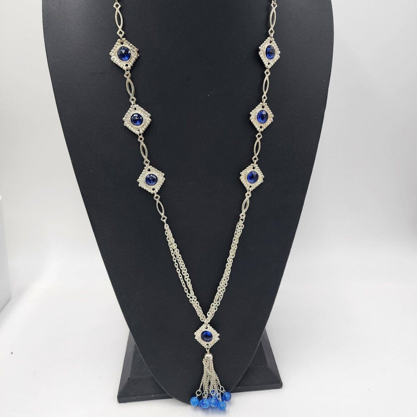 Vintage 1970s Blue Bezel Set Stations Tassel Necklace Hippie 32" Multi Chain